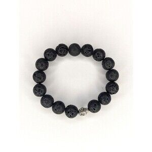 Hand-Crafted Genuine Lava Stone  Bracelet with Skull - Black, Unisex NEW